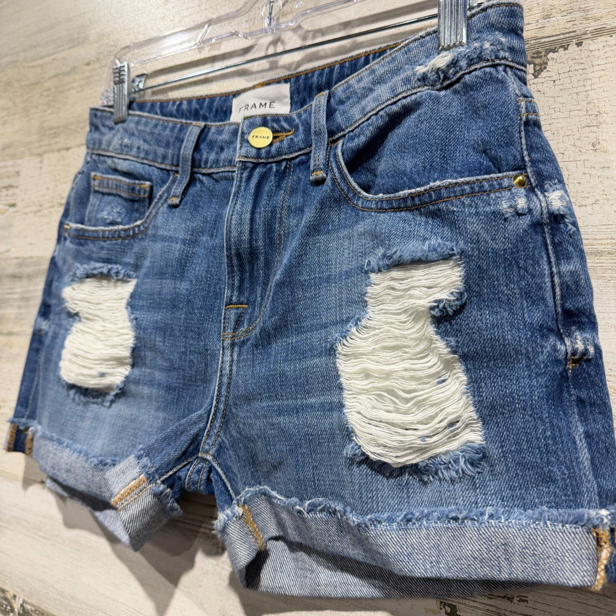 FRAME Le Grand Garcon Denim Shorts Women 23 Blue 100% Cotton Distressed Heron1