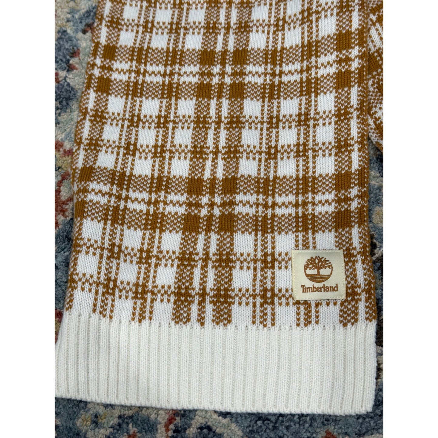 Timberland Scarf Men OS Wheat Brown Plaid Knit Logo Gorpcore EUC1