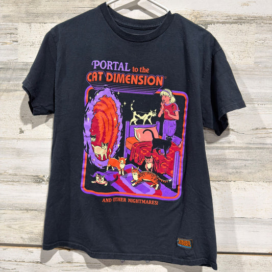 Steven Rhodes Portal to the Cat Dimension Tee Women Medium Black Cotton Retro0