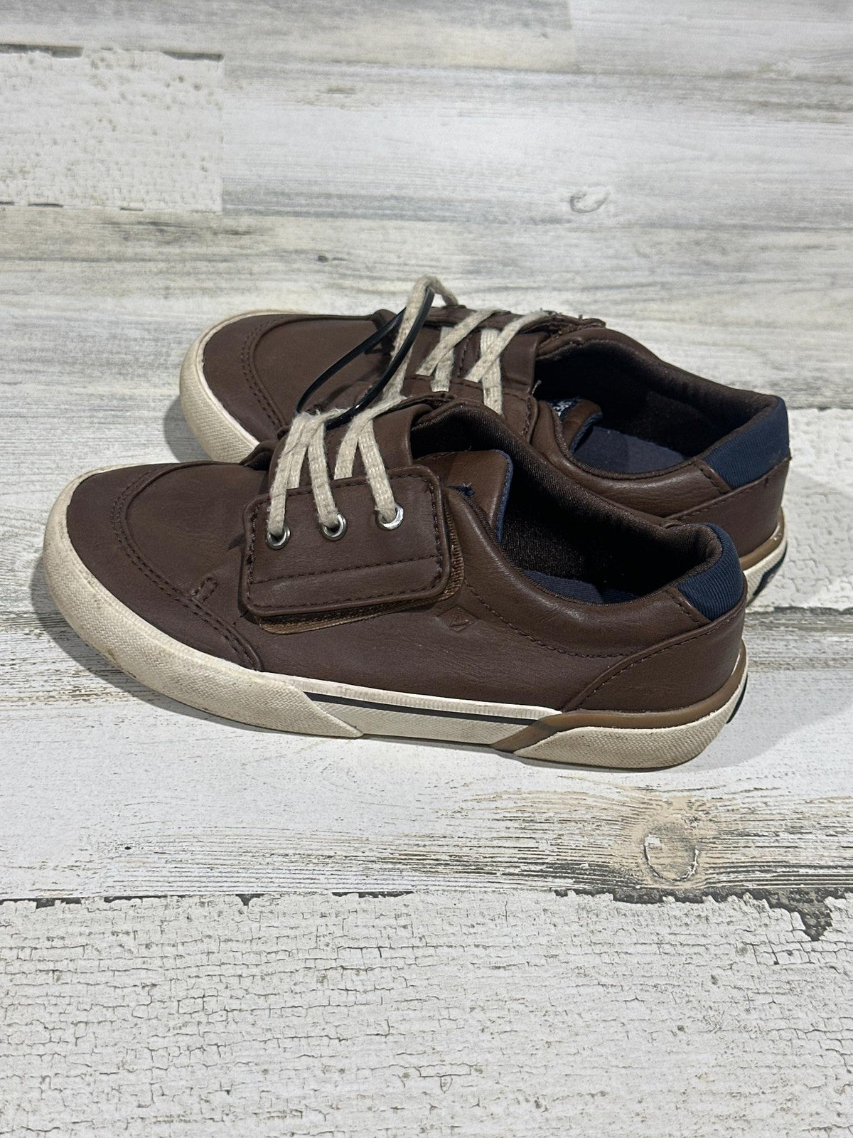 Sperry Boat Shoes Boys 11 Brown Faux Leather Caspian Hook Loop0
