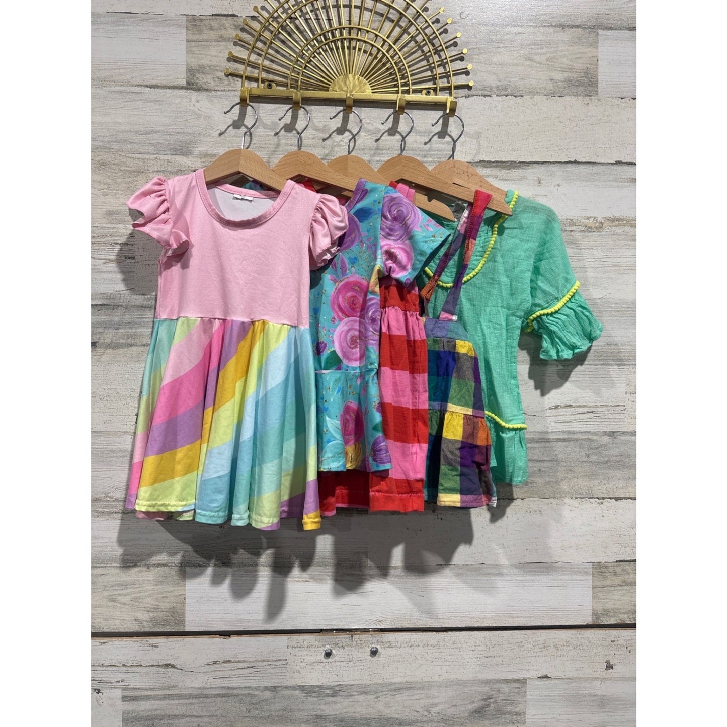 Boutique Dress Bundle Girls 2T Multicolor Rainbow Floral Plaid Pom Pom0