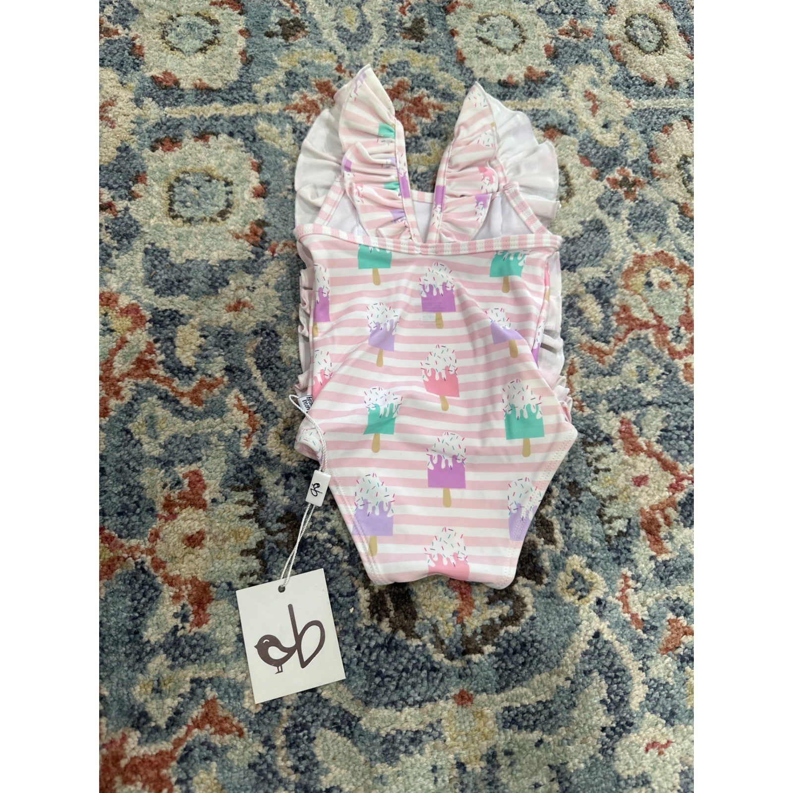 Birdie Bean Swimsuit Girls 3-6M Pink Popsicle Stripe Ruffle One Piece NWT1