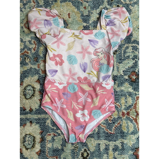 Disney Swimsuit Girls 5T Pink Little Mermaid Ariel Flutter Sleeve EUC0