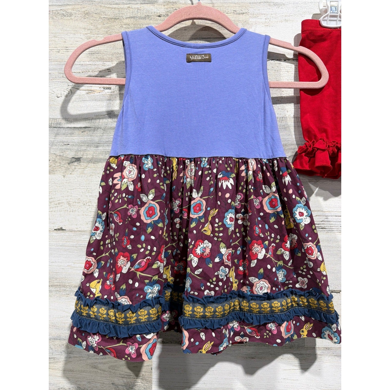 Matilda Jane Tunic Sew Sassy Shorts Girls 8 Purple Red Floral Ruffle Boho EUC4
