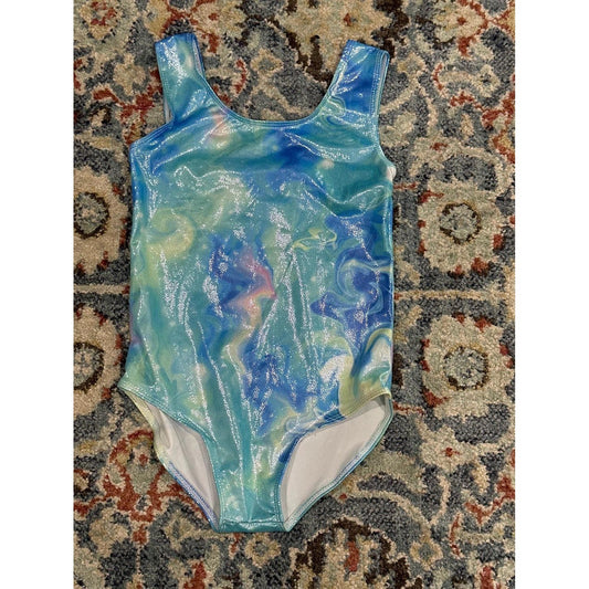 Leotard Girls 9Y Blue Marble Metallic Criss Cross Back EUC0