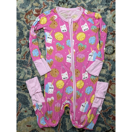 Little Sleepies Zippy Pajamas Girls 12-18M Pink Milk and Cookies EUC0