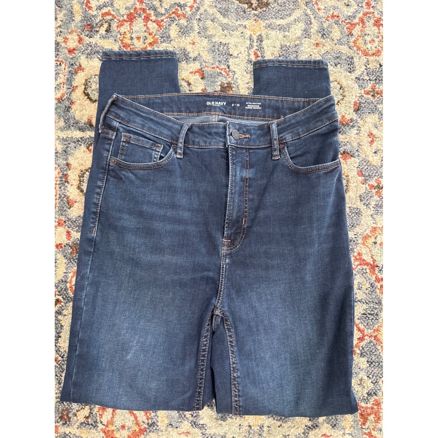 Old Navy Rockstar Super Skinny Jeans Women 8-12 Dark Blue High Rise Fits You1