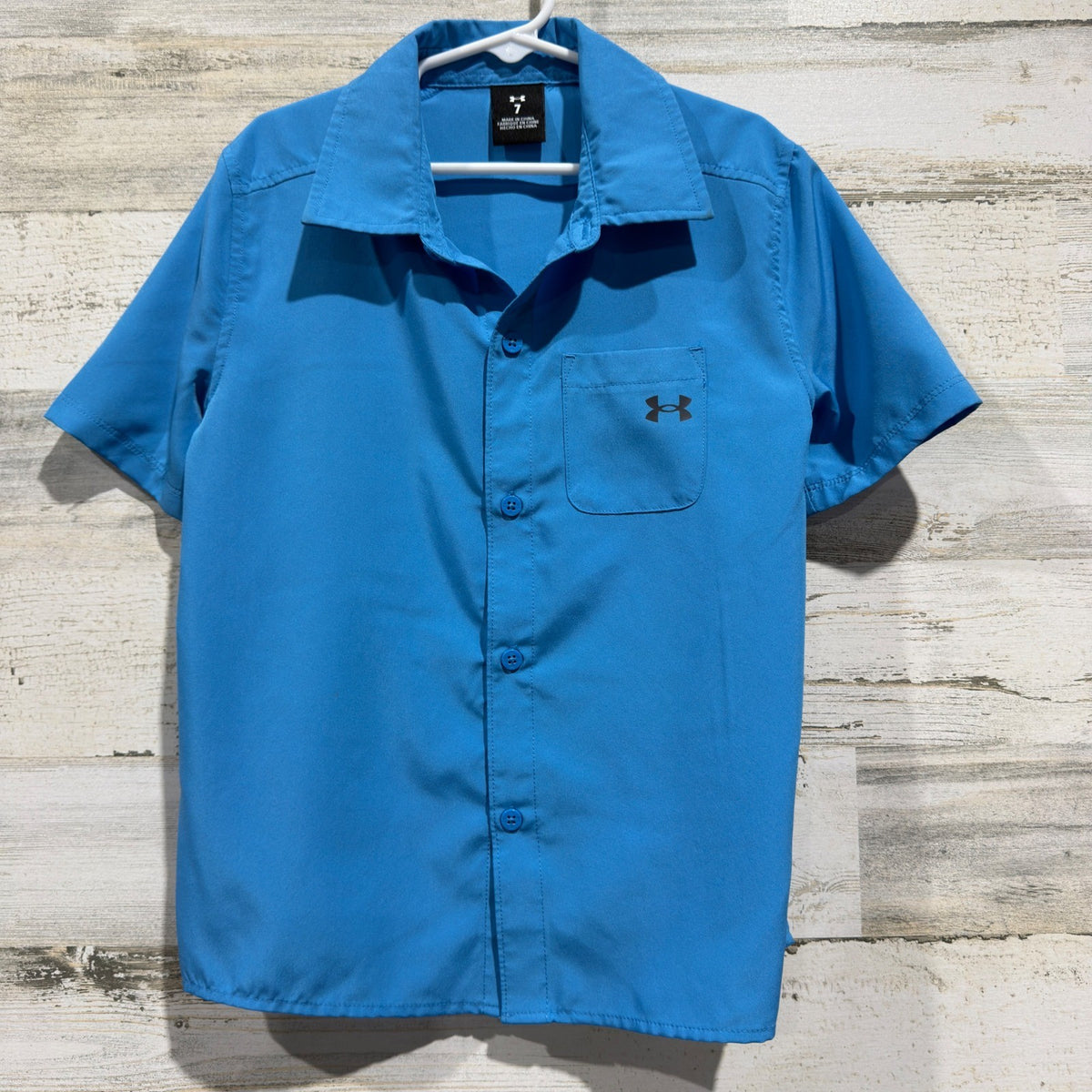 Under Armour Button Down Boys 7 Blue Short Sleeve Performance EUC0