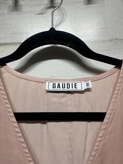 Gaudie V-Neck Blouse Women Size M Pink Button Back Short Sleeve EUC1