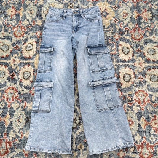 YMI Cargo Jeans Girls Size 8 Light Wash Wide Leg Utility *Flawed0