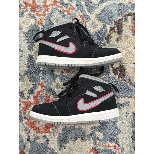 Nike Air Jordan 1 Mid Boys 8C Black Grey Red High Top Sneaker Retro0