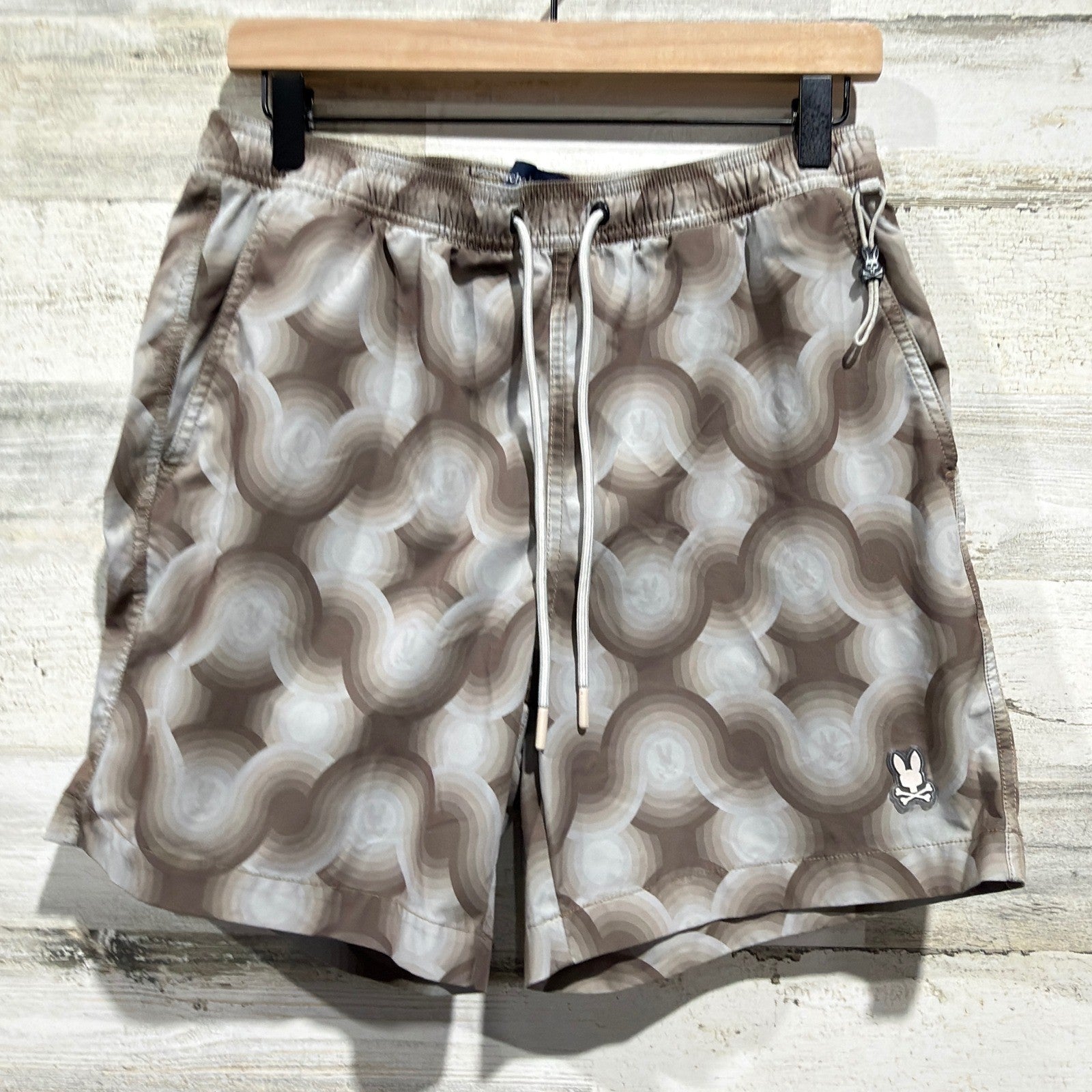 Psycho Bunny Swim Trunks Men Size S Brown Retro Wavy Pattern Beachwear *Flawed0
