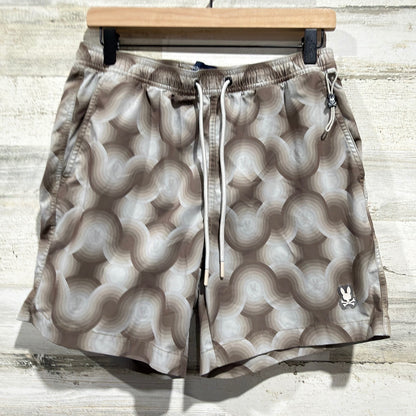 Psycho Bunny Swim Trunks Men Size S Brown Retro Wavy Pattern Beachwear *Flawed0