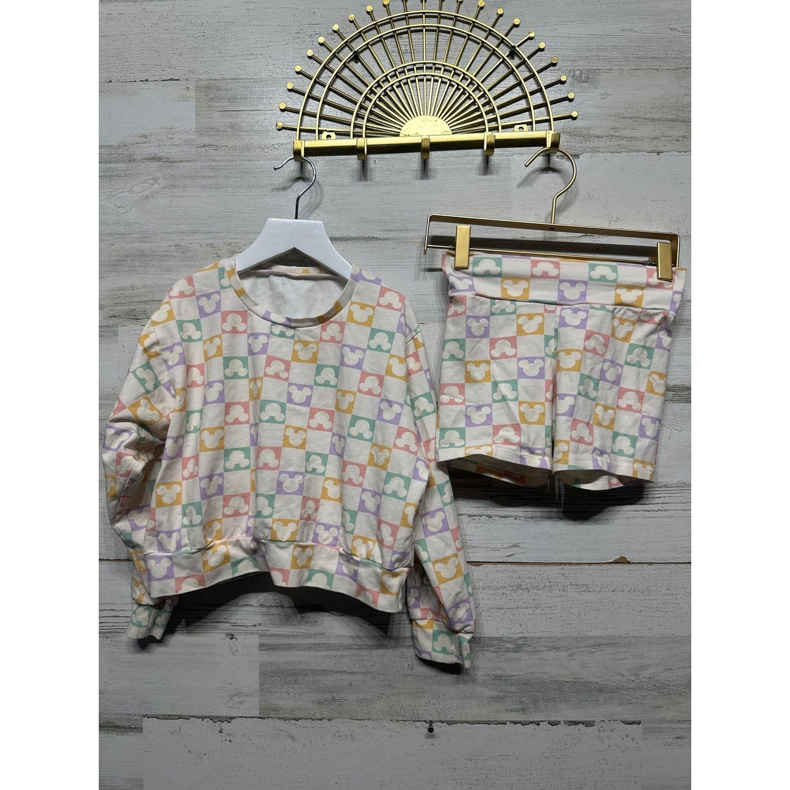 Happy Harlow 2-Piece Lounge Set Girls 8 Pastel Mickey Checkered EUC0