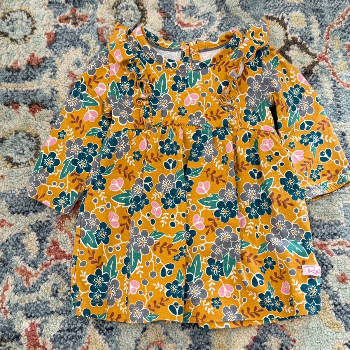 RuffleButts Dress Girls 3-6M Mustard Yellow Floral Ruffle Boho EUC0