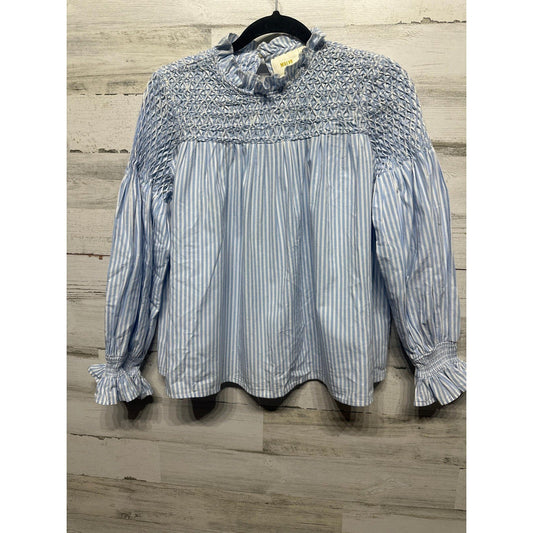 Maeve Blouse Women 2 Blue White Striped Smocked Lattice Ruffle EUC0