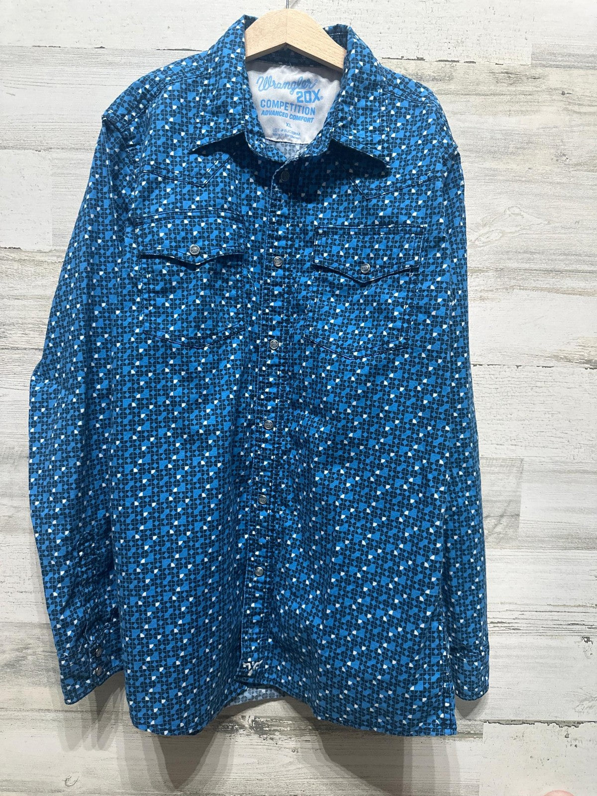 Wrangler 20X Competition Shirt Boys XL Blue Geometric Western Snap Up EUC0