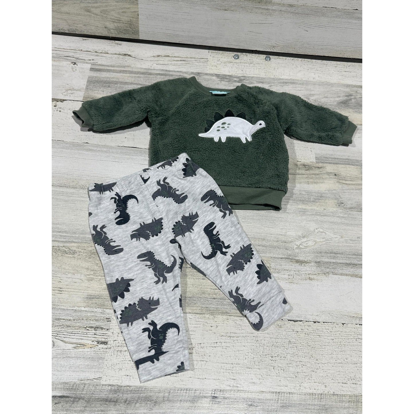 Pekkle Outfit Set Baby Boys 6M Green Dinosaur Sherpa Fleece Joggers EUC0