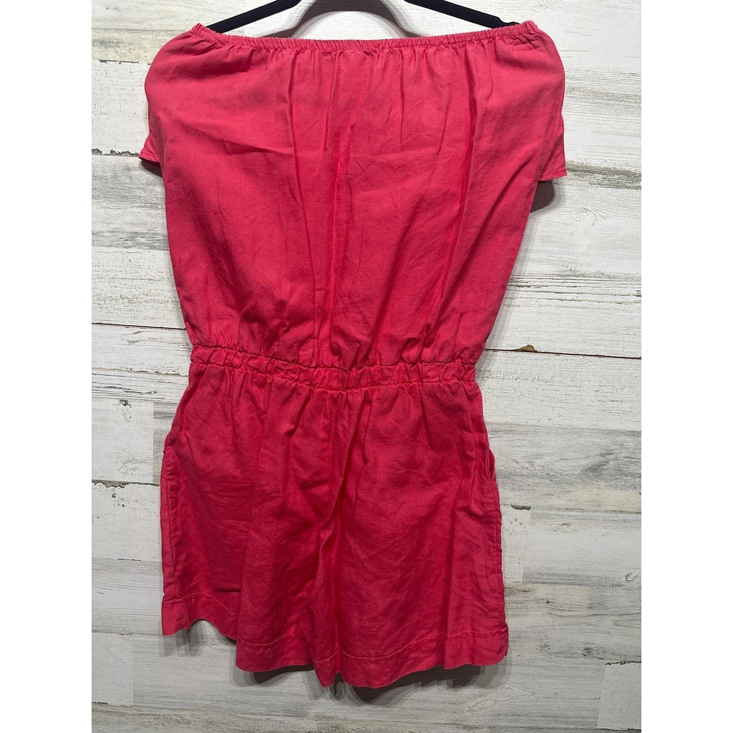 Jolie Romper Womens Medium Pink Linen Blend Strapless Ruffle EUC1