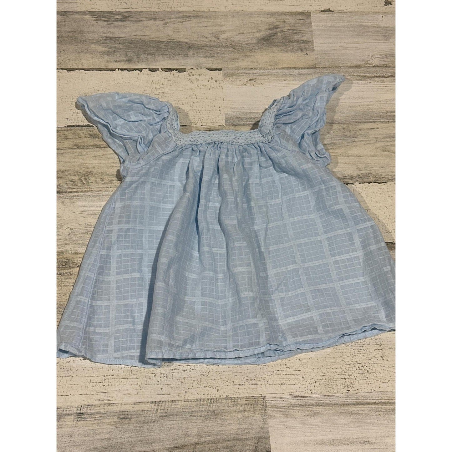 Cat & Jack Flutter Sleeve Blouse Girls 6/7 Blue Windowpane Crochet Trim EUC0