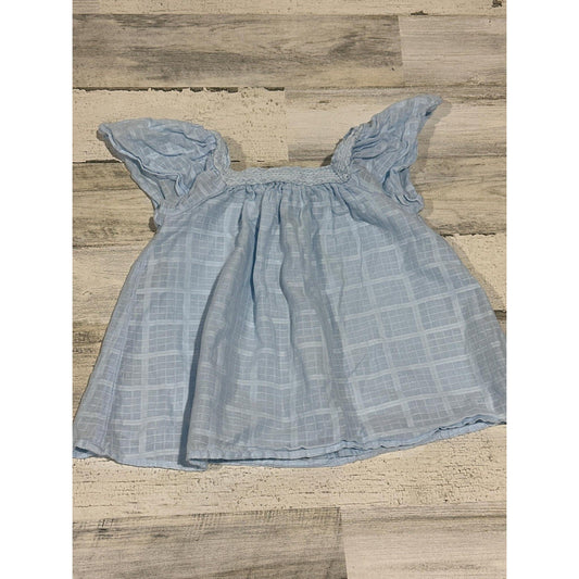 Cat & Jack Flutter Sleeve Blouse Girls 6/7 Blue Windowpane Crochet Trim EUC0