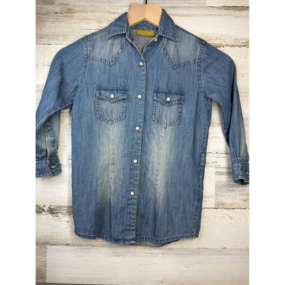 Wrangler Western Denim Shirt Women XS Blue Pearl Snap Cowgirl EUC0