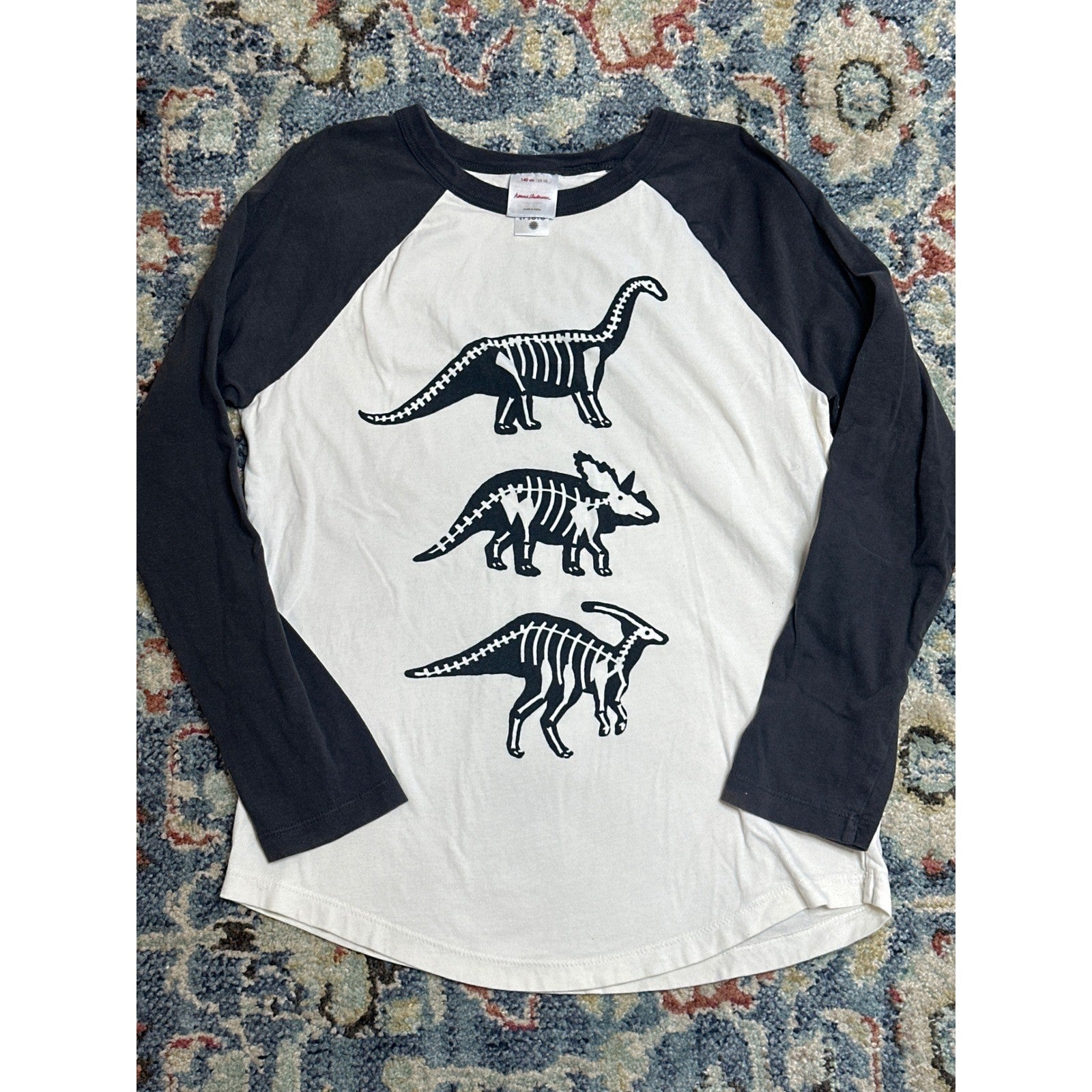 Hanna Andersson Raglan Tee Boys 10 Grey Cream Dinosaur Skeleton EUC0