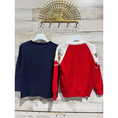 Holiday Shirts Boys 7/8 Navy Red Smocked Santa Reindeer Winter EUC3