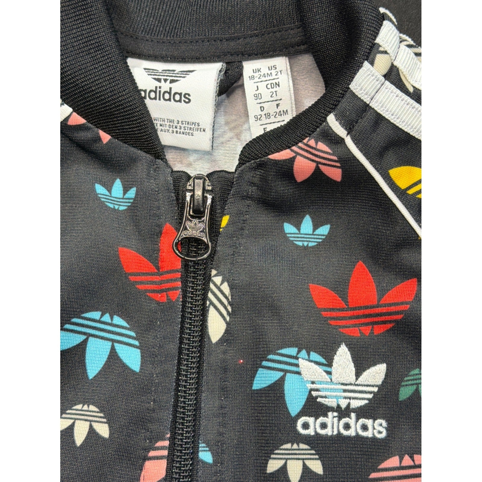 Adidas Track Jacket Girls 2T Black Multicolor Trefoil Monogram Athleisure EUC1
