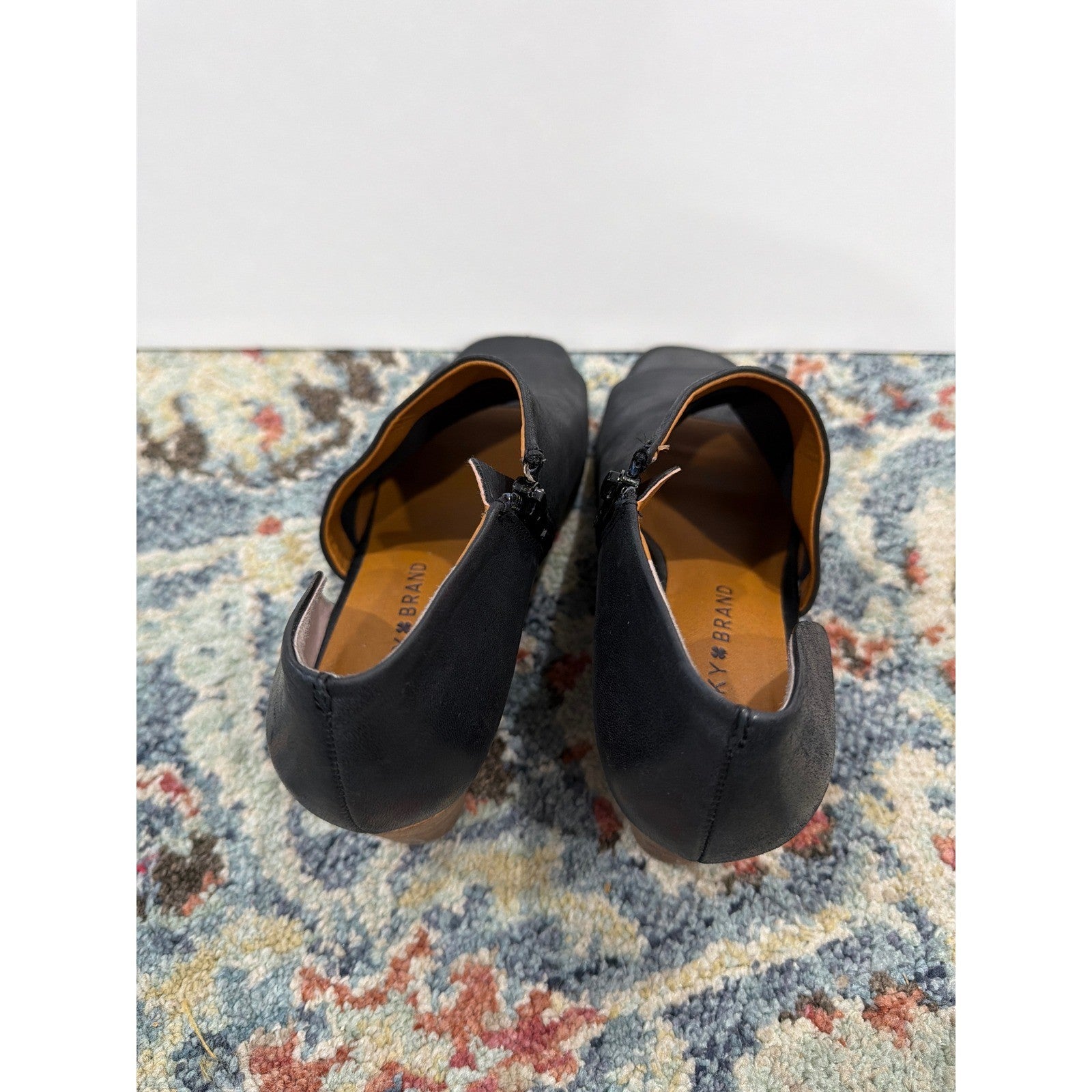 Lucky Brand Peep Toe Booties Women 7 Black Leather Block Heel Boho2
