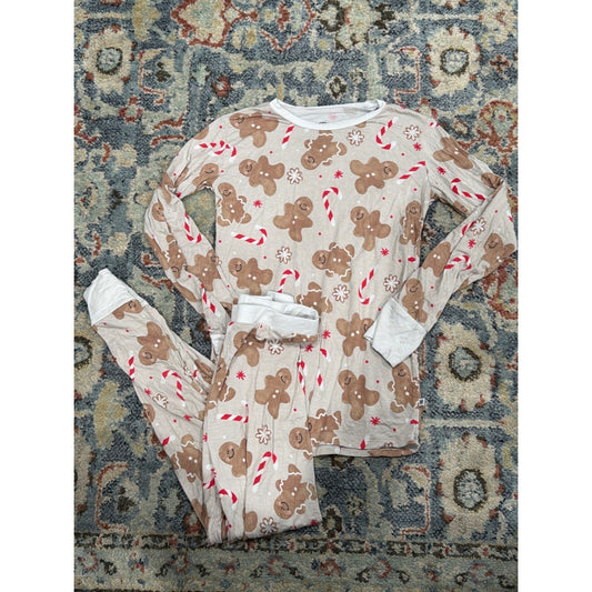 Bums & Roses Pajama Set Kids 9/10 Tan Gingerbread Bamboo Holiday EUC0