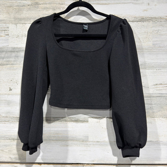 Lantern Sleeve Crop Top Women Petite XXS Black Solid Textured Romantic EUC0