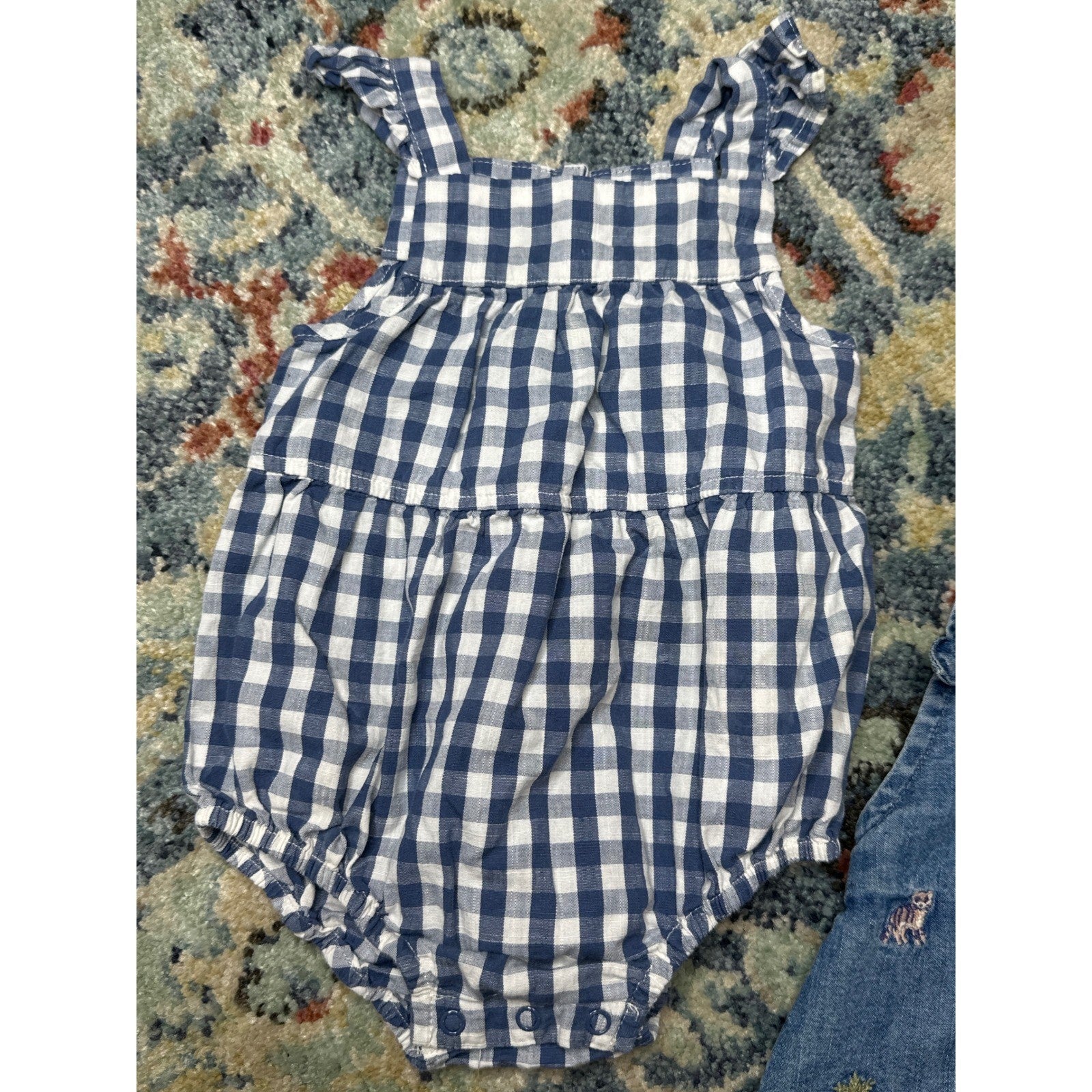 Cat & Jack Janie and Jack Romper Overalls Girls 0-3M Blue Gingham Denim EUC1