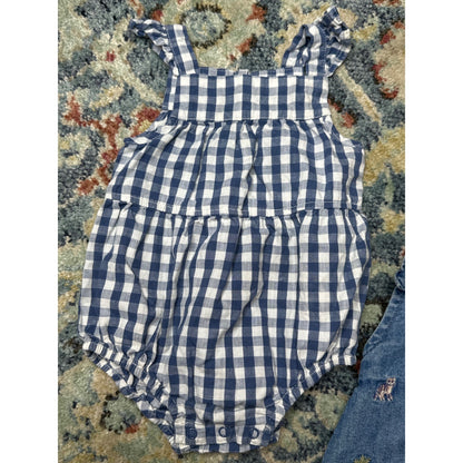 Cat & Jack Janie and Jack Romper Overalls Girls 0-3M Blue Gingham Denim EUC1