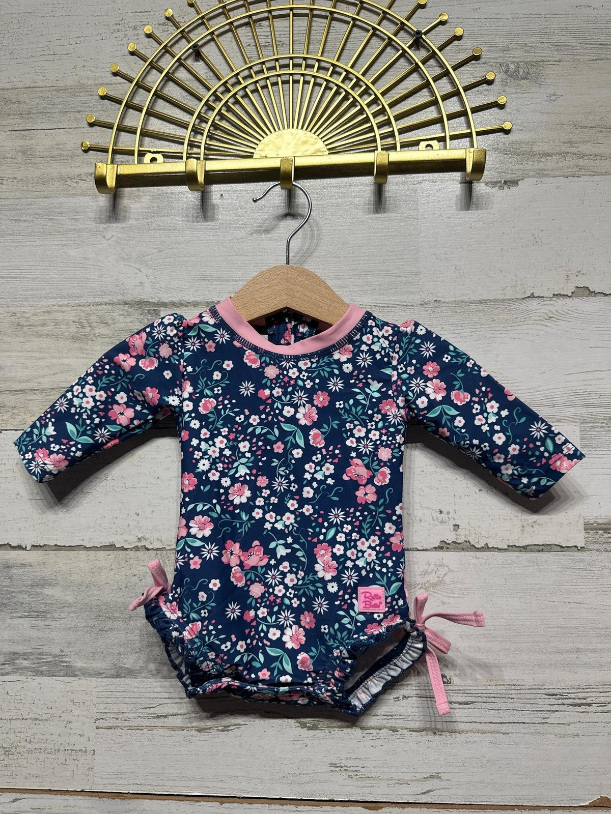 RuffleButts Swimsuit Kids 0-3m Navy Floral Long Sleeve UPF 50+ Ruffles NWT0