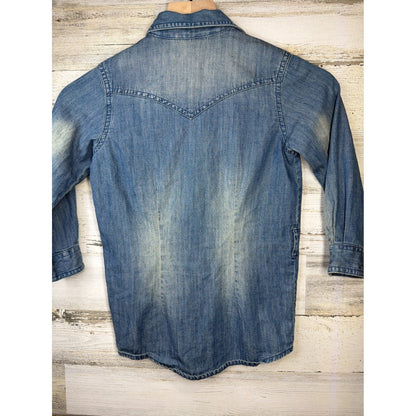 Wrangler Western Denim Shirt Women XS Blue Pearl Snap Cowgirl EUC3