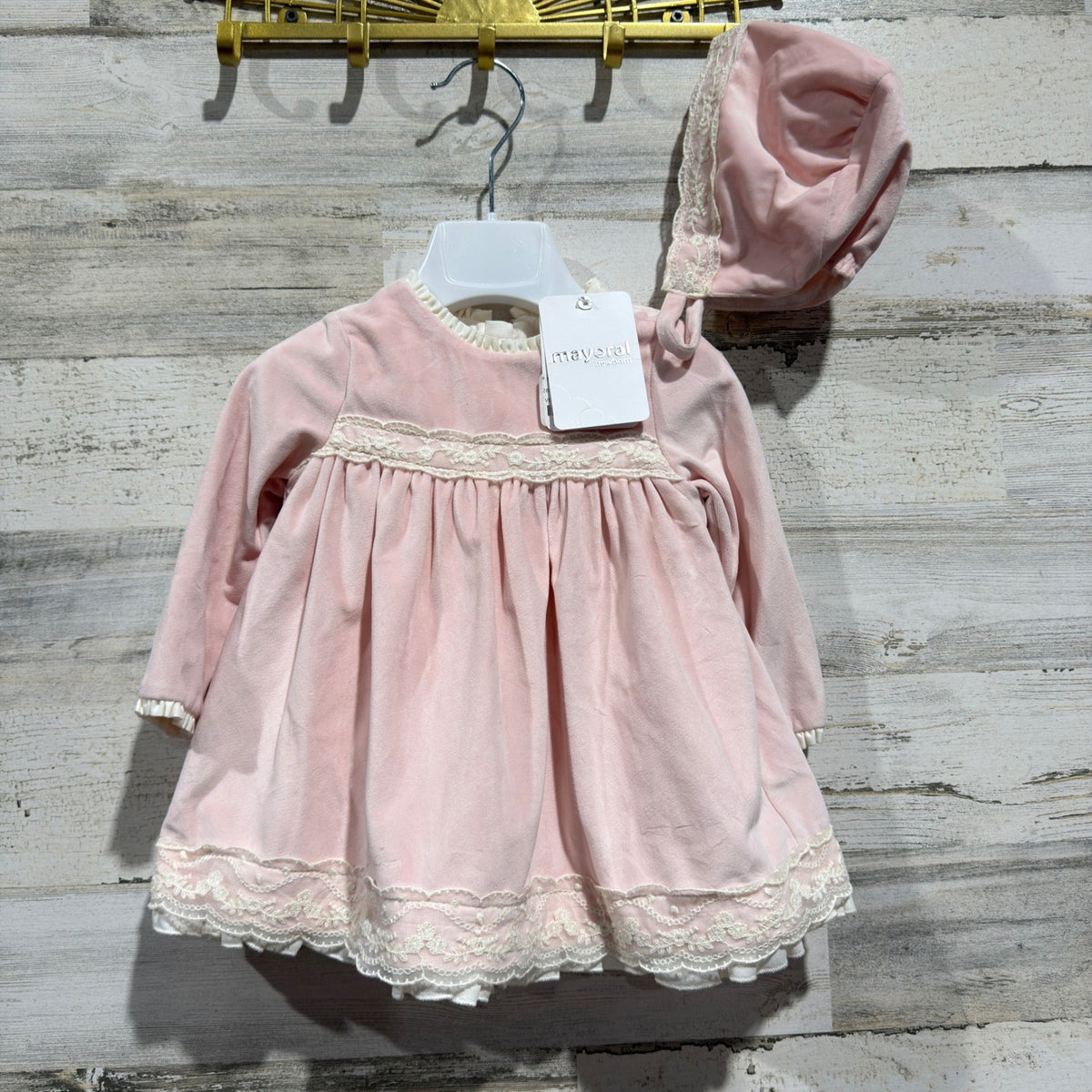 Mayoral Velvet Dress Set Girls 12M Pink Cotton Blend Lace Trim European NWT0
