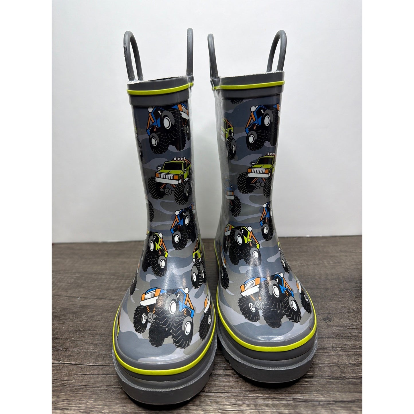 Western Chief Rain Boots Boys 11/12 Gray Monster Truck Camo Waterproof EUC1