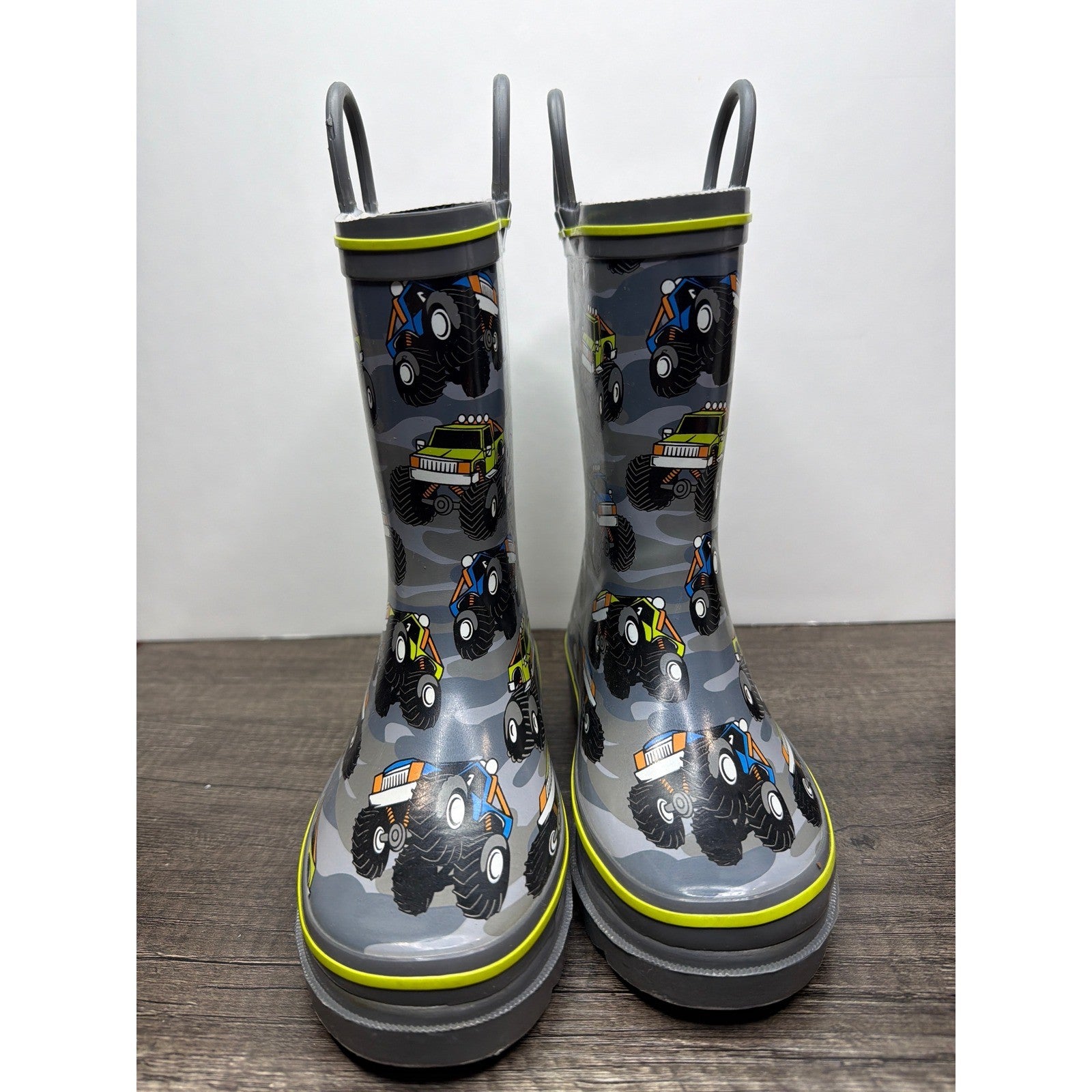 Western Chief Rain Boots Boys 11/12 Gray Monster Truck Camo Waterproof EUC1