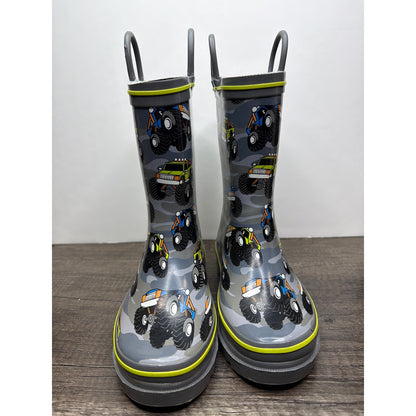Western Chief Rain Boots Boys 11/12 Gray Monster Truck Camo Waterproof EUC1
