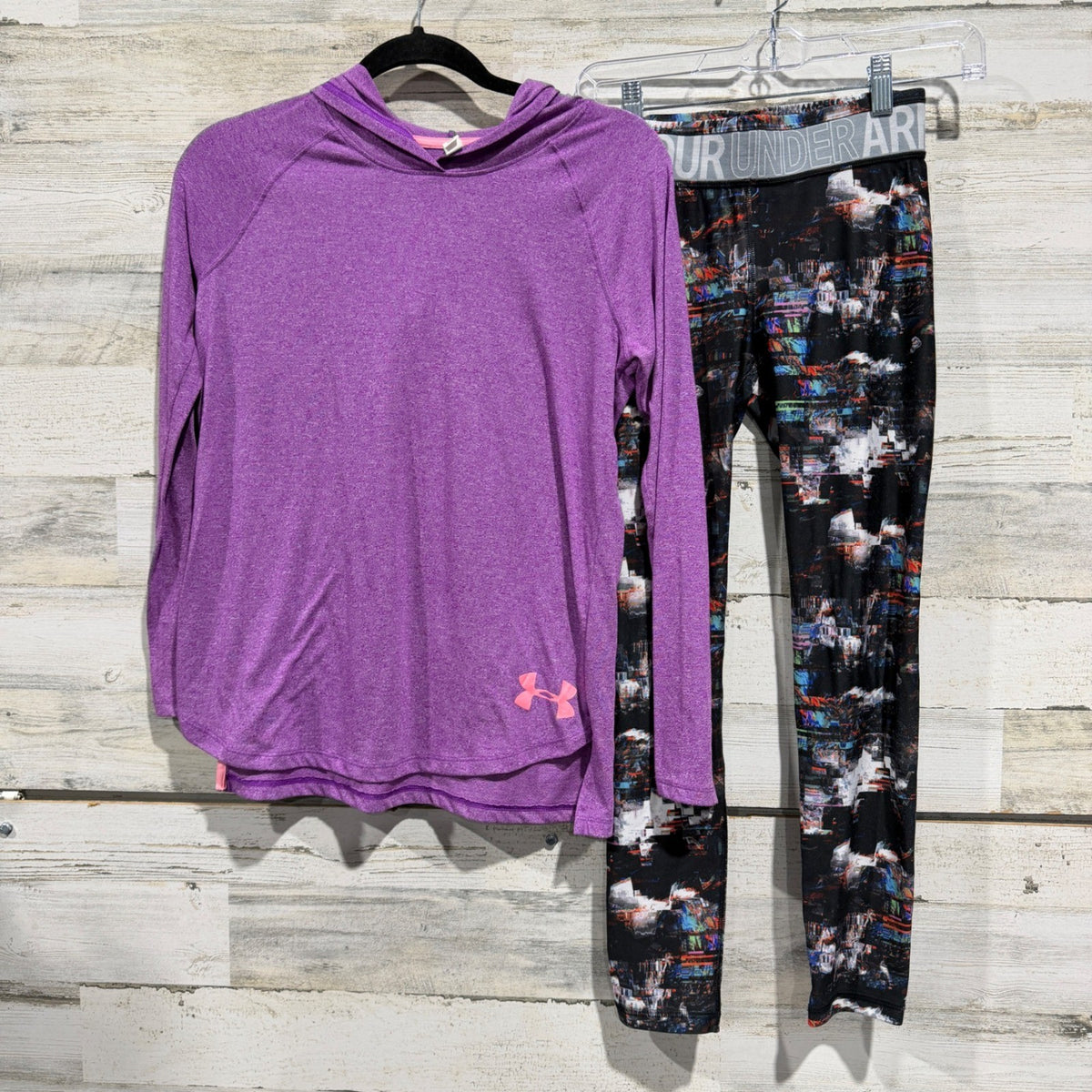 Under Armour HeatGear Hoodie Leggings Set Girls XL Purple Multi Print Athletic0