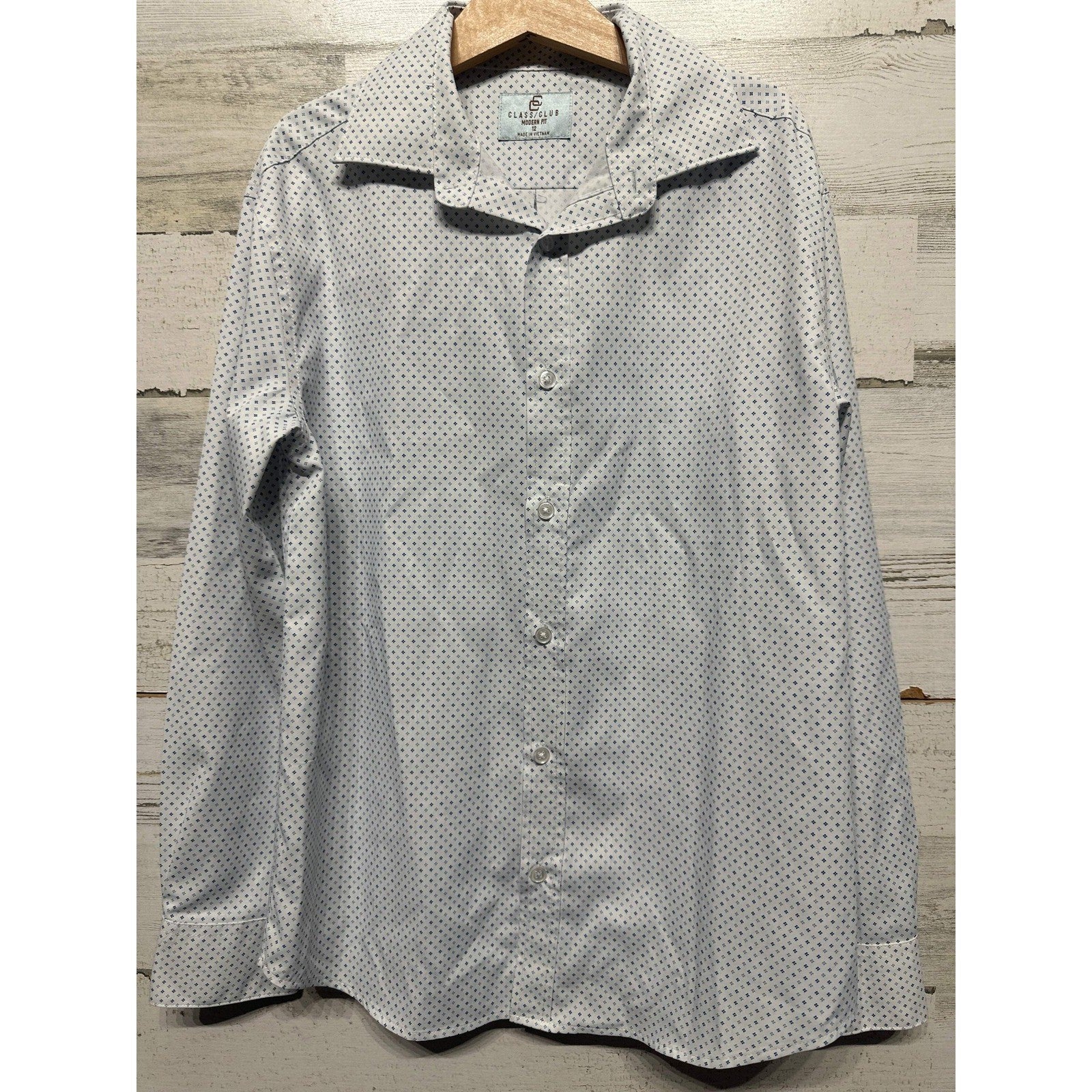 Class Club Button Down Shirt Boys 12 White Blue Micro Print Modern Fit EUC0