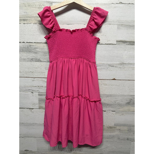 GB Girls Smocked Tiered Dress Girls 10-12 Hot Pink Ruffle Sleeve EUC0