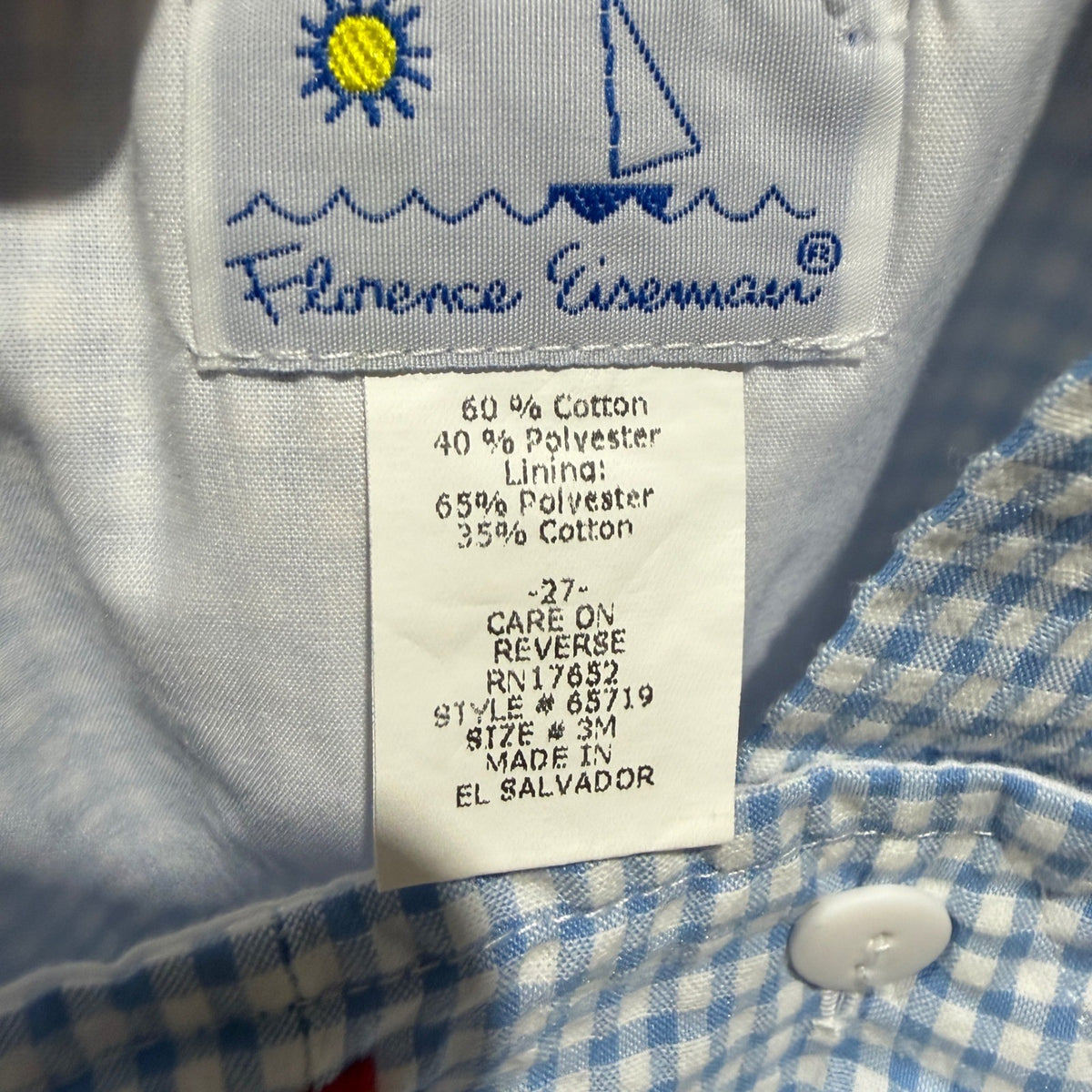 Florence Eiseman Sailboat Gingham Shortall Boys 3M Blue Cotton Blend Preppy EUC3