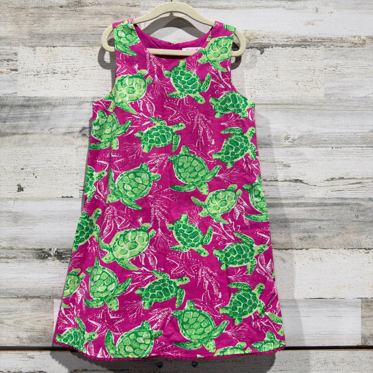 Tommy Bahama Shift Dress Girls 7 Pink Green Turtle Print Coastal EUC0
