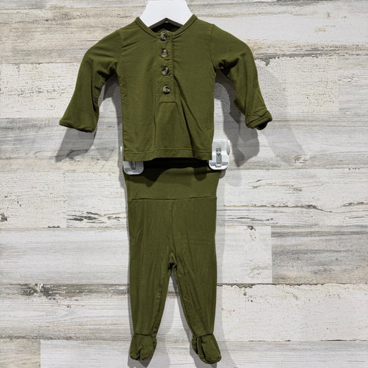 Lou Lou and Company Henley Set Kids Newborn Olive Green Ribbed Boho EUC0