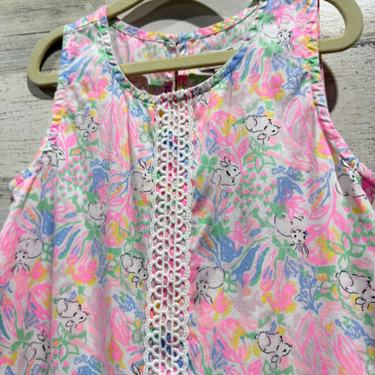Crown & Ivy Dress Girls 6X Pink Blue Bunny Floral Lace Trim Preppy EUC1