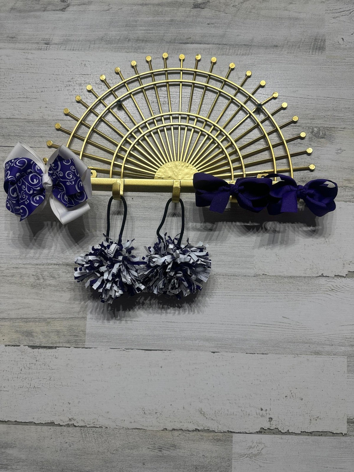 Hair Accessory Bundle 5 Pieces Kids OS Purple White Cheer Bow Pom Poms0