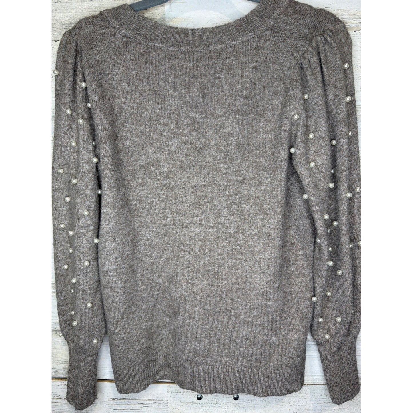 Loft Pearl Sleeve Sweater Women Small Brown Knit Scoop Neck EUC3