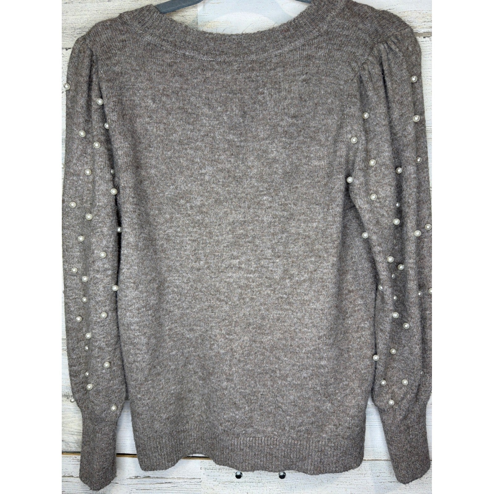 Loft Pearl Sleeve Sweater Women Small Brown Knit Scoop Neck EUC3